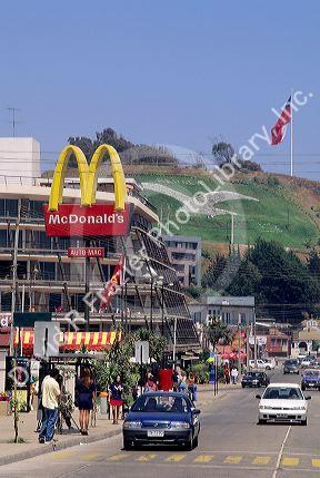 A street scene with McDonalds restaurant in Renaca, Chile.