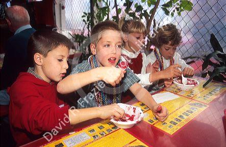 Quadruplets eat strawberry shortcake at Parkdale Farms in Plant City, Florida.