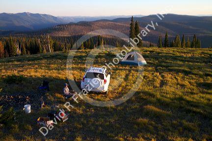 Tent camping at the summit of Green Mountain along the historic Magruder Corridor road that devides the Frannk Church-River of No Return Wilderness Area and the Selway-Bitterwoot Wilderness in Idaho, USA.