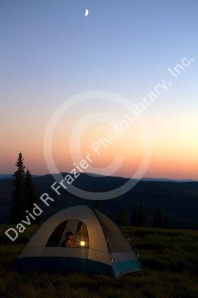 Tent camping at the summit of Green Mountain along the historic Magruder Corridor road that devides the Frannk Church-River of No Return Wilderness Area and the Selway-Bitterwoot Wilderness in Idaho, USA.