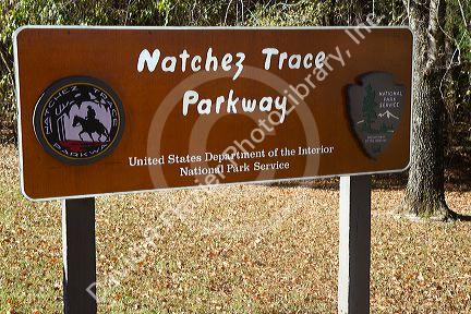 Road sign marking the Natchez Trace Parkway operated by the National Park Service commemorates the historic Old Natchez Trace in Mississippi, USA.