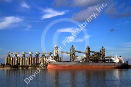 Bulk freighter at a grain shipping terminal on the Mississippi River at the Port of Baton Rouge, Louisiana, USA.