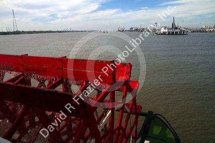 Paddle wheel of the SS. Natchez steamboat on the Mississippi River at New Orleans, Louisiana, USA.