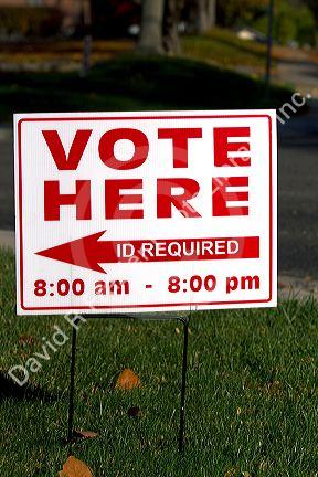 Vote Here sign at a polling place in Boise, Idaho, USA.