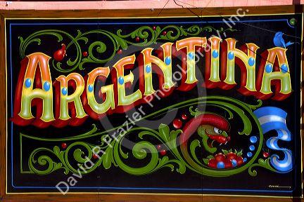 Colorful signage on a building in the La Boca barrio of Buenos Aires, Argentina.