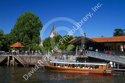 Vintage mohogany motorboat on the Parana Delta at Tigre, Argentina.