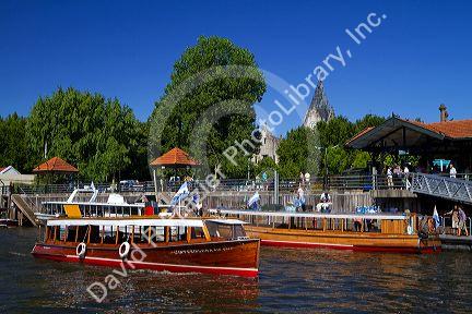 Vintage mohogany motorboats on the Parana Delta at Tigre, Argentina.