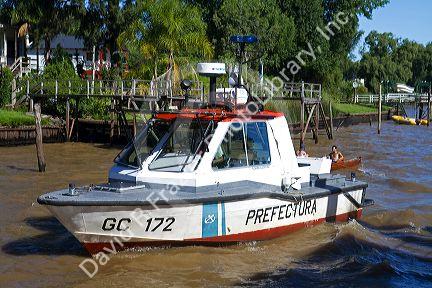 Argentine Naval Prefecture boat policing the Parana Delta at Tigre, Argentina.