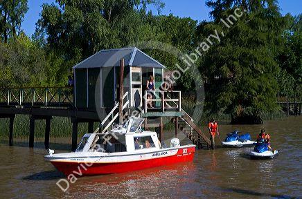 Ambulance boat on the Parana Delta at Tigre, Argentina.