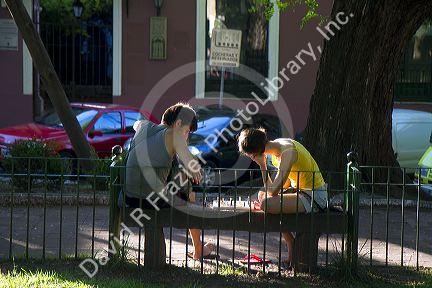 People playing chess at Plaza Mitre in the town of San Isidro, Argentina.