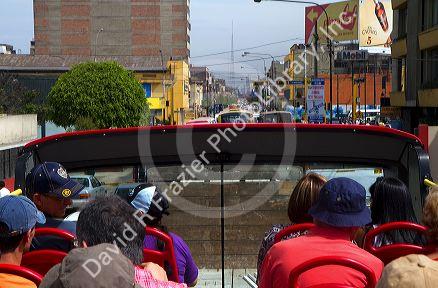 View from the upper deck of a tour bus in Lima, Peru.