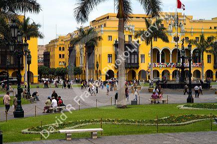 Municipal Palace at the Plaza Mayor or Plaza de Armas of Lima, Peru.