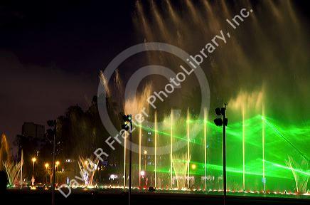 Water fountains light up at night in the Magic Circuit of Water park in Lima, Peru.