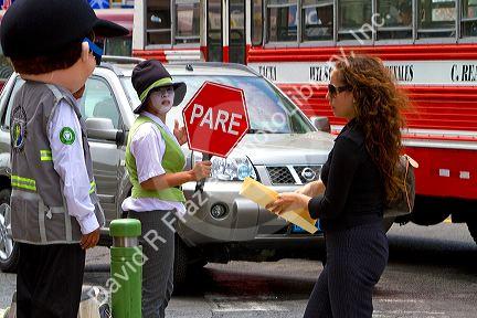 Crossing guards wearing costumes in the Miraflores district of Lima, Peru.