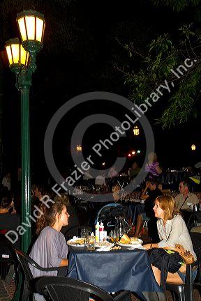 Outdoor dining at Plaza Dorrego in the San Telmo barrio of Buenos Aires, Argentina.