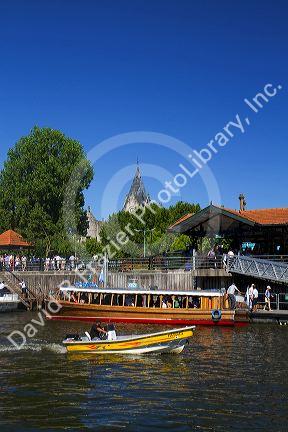 Vintage mohogany motorboat on the Parana Delta at Tigre, Argentina.