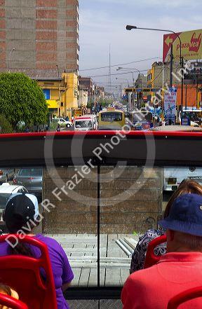 View from the upper deck of a tour bus in Lima, Peru.