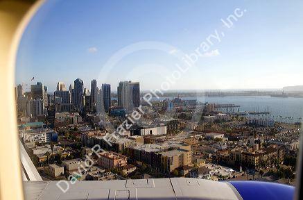 Aerial view from an airplane window of San Diego, California, USA.