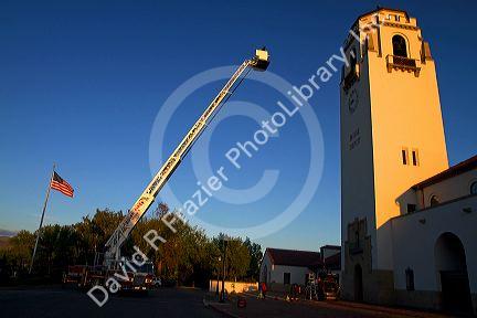 Firetruck testing 100 foot aerial ladder at the Boise Union Pacific Depot in Boise, Idaho, USA.