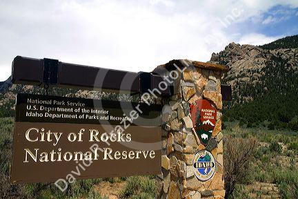 Sign marking the City of Rocks National Reserve and state park in Cassia County, Idaho, USA.