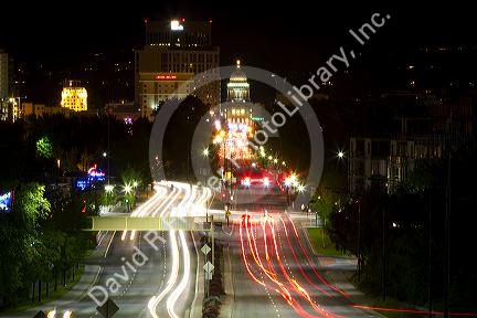 Night view of Capital Boulevard in Boise, Idaho, USA.