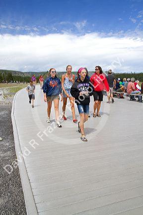 Deck lumber made from recycled plastic at Old Faithful viewing area in Yellowstone National Park, Wyoming, USA.