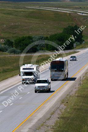 Motorhome traveling on I-90 west of Spearfish, South Dakota, USA.
