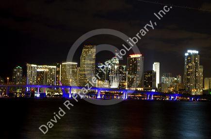 The skyline at night of downtown Miami, Florida, USA.
