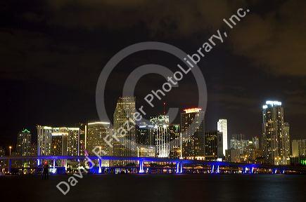 The skyline at night of downtown Miami, Florida, USA.