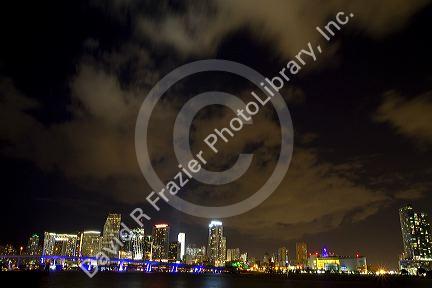 The skyline at night of downtown Miami, Florida, USA.