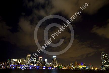 The skyline at night of downtown Miami, Florida, USA.