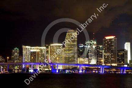 The skyline at night of downtown Miami, Florida, USA.