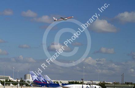 LAN Airline Boeing 767 at take off from the Miami International Airport, Florida, USA.