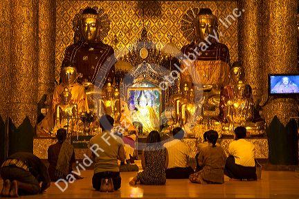 Buddhists praying at the Shwedagon Paya located in (Rangoon)Yangon, (Burma) Myanmar.