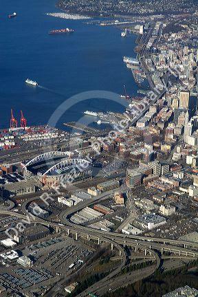 View from an airplane window of Elliott Bay and Seattle, Washington, USA.