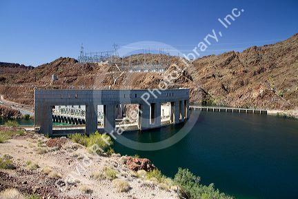 Parker Dam crossing the Colorado River creates Lake Havasu reservoir in La Paz County, Arizona and San Bernardino County, California, USA.
