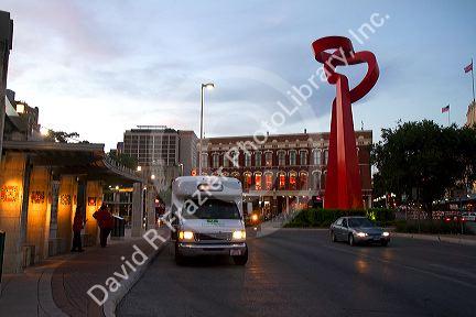 The Torch of Friendship public art sculpture located at the circular intersection of Losoya, Commerce, and Alamo streets in San Antonio, Texas, USA.