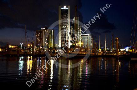One Shoreline Plaza at night on the waterfront of Corpus Christi, Texas, USA.