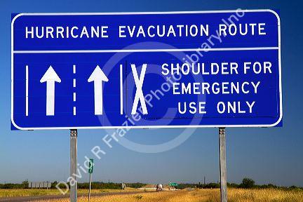 Hurricane evacuation route road sign along Interstate 37 near Corpus Christi, Texas, USA.