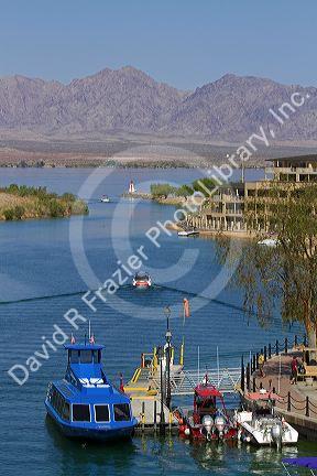 Motor boats on Lake Havasu at Lake Havasu City, Arizona, USA.