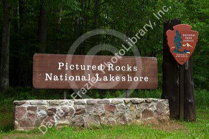 Pictured Rocks National Lakeshore park entrance located on the shore of Lake Superior in the Upper Peninsula of Michigan, USA.