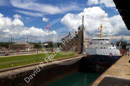 The Algomarine bulk carrier vessel at Soo Locks in Sault Ste. Marie, Michigan, USA.