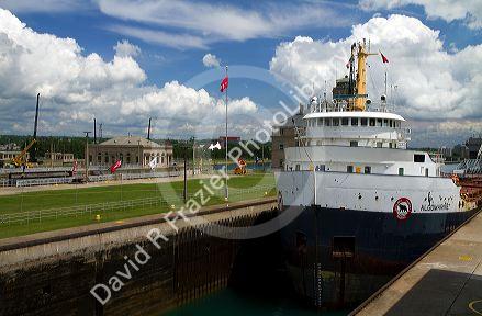 The Algomarine bulk carrier vessel at Soo Locks in Sault Ste. Marie, Michigan, USA.