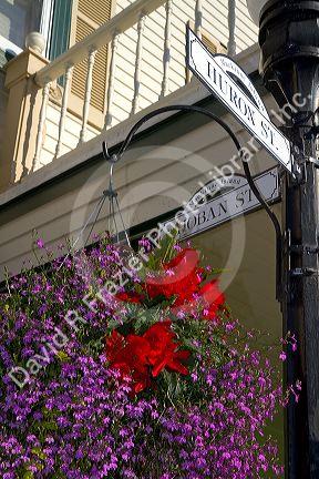 Huron Street sign and hanging flower basket on Mackinac Island located in Lake Huron, Michigan, USA.