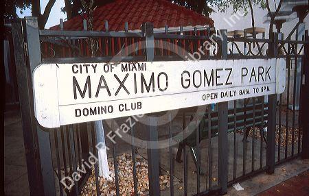 Signage for Gomez Park domino club in Little Havana, Miami, Florida.