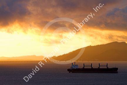 Sunset on the Columbia River at Astoria, Oregon, USA.