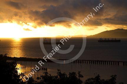Sunset on the Columbia River at Astoria, Oregon, USA.