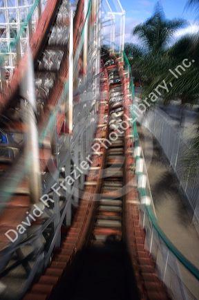 Rider's view of a roller coaster ride in San Diego, California.