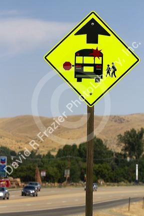 School bus stop road sign along highway 55 in Idaho, USA.
