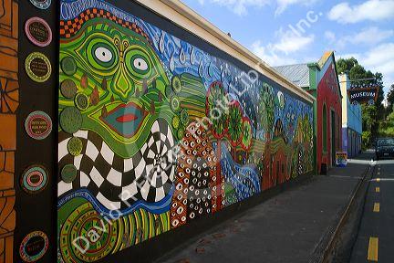 Mural painted on the Kawakawa Memorial Library building at the town of Kawakawa, North Island, New Zealand.